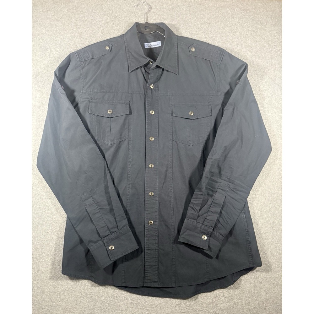 7 Diamonds Mens Black Long Sleeve Button Up Shirt Epaulets Size L